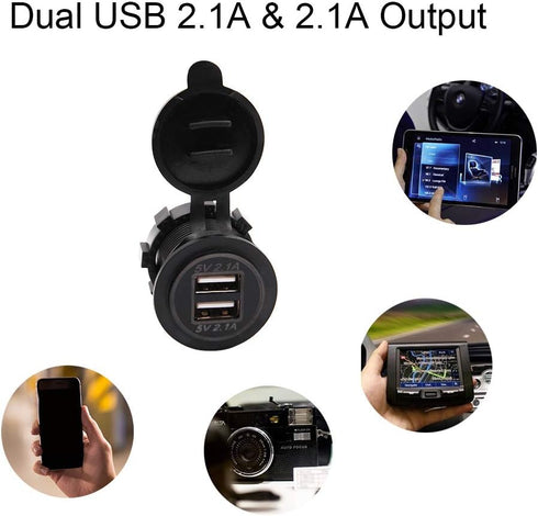 Dual USB Charger Socket Waterproof Power Outlet 12V/24V 2.1A for Car Boat Marine RV with Blue LED