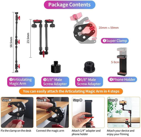 Super Camera Clamp Mount with Adjustable Magic Arm 22in, Articulating Arm with Dual Ball Head Adapter 1/4" Thread for