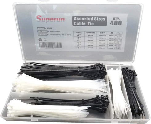 Superun Zip Tie Kit - 400 Pack Assorted Sizes 4 Inch, 6 Inch, 8 Inch Mix Pack in Black & White