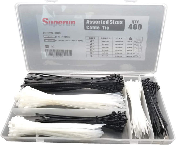 Superun Zip Tie Kit - 400 Pack Assorted Sizes 4 Inch, 6 Inch, 8 Inch Mix Pack in Black & White