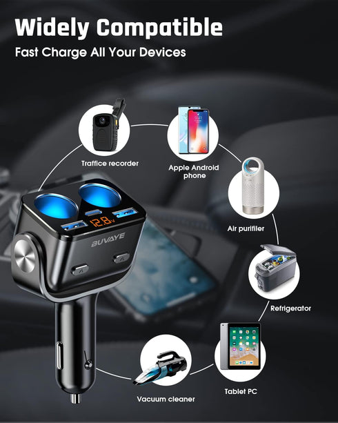USB C Car Charger - BUVAYE 2-Socket Cigarette Lighter Splitter with 12V/24V Dual PD30W & QC3.0 Fast Charging, Separate