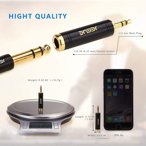 Pure Copper 3.5mm Male to 1/4" Female Headphones Adapter - Black, 1/8" to 1/4" Jack for Superior Sound Quality.