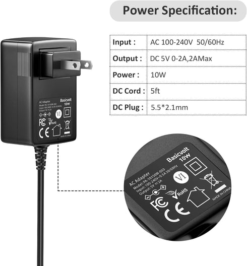 5V 2A AC Adapter, Basicvolt Versatile 5Volt 2Amp Power Supply Wall Charger Power Adapter w/ 8 Tips for Camera, BT Speaker, GPS, USB Hub, TV Box, Webcam, Router and More 5V Electronics