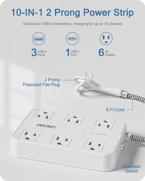 LENCENT 2 Prong Power Strip, 3 to 2 Prong Outlet Adapter, 6ft Braided Extension Cord with Thin Flat Plug, 6 AC & 4 USB