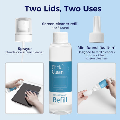 CLICK CLEAN Screen Cleaner Kits, 2 All-in-One Mist Cleaners with Refill, Microfiber Cloth, Mini Funnel, and Sprayer for