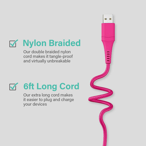 Classy Chargers 3-in-1 Universal Nylon Charging Cables, 6ft Certified Lightning, Type C, Micro USB, Hot Pink