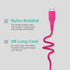 Classy Chargers 3-in-1 Universal Nylon Charging Cables, 6ft Certified Lightning, Type C, Micro USB, Hot Pink