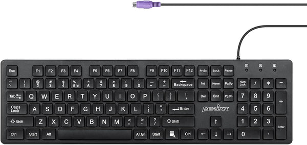 Perixx PERIBOARD-117P Wired PS2 Full Size Keyboard, Big Print Letters, Black, US English