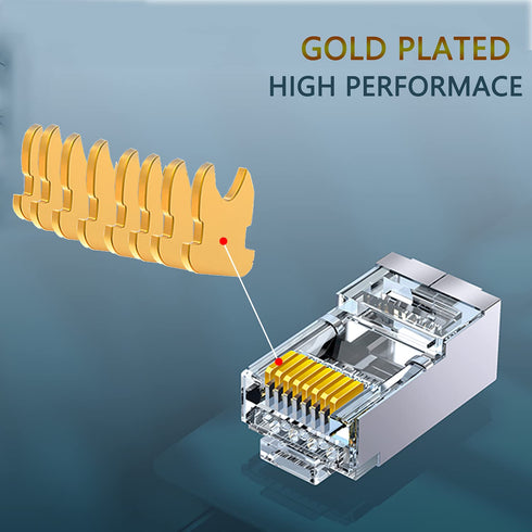 PETECHTOOL 50 Pieces Gold Plated RJ45 23AWG Cat6a Cat6 Pass Through Shield Plug