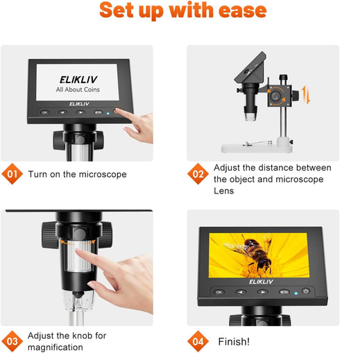 Elikliv Microscope, LCD Digital Coin Microscope 1000x, 8 Adjustable LED Lights, PC View Compatible