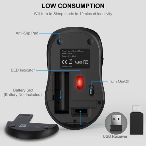 WisFox 2.4G Wireless Mouse for Laptop, Ergonomic Computer Mouse with USB Receiver and Type-C Adapter, 3 Adjustable
