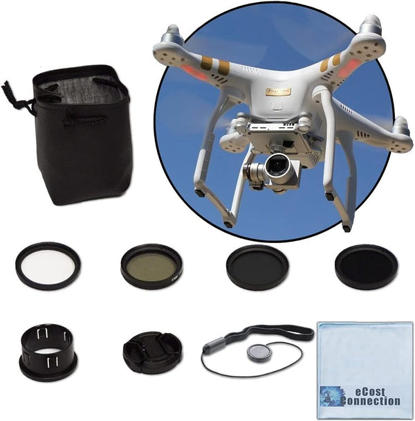 37MM Filter Kit for DJI Phantom 3 Series Drones - CPL, ND4, ND8, UV, Lens Cap, Cap Keeper + Microfiber Cloth
