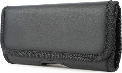 Nakedcellphone Case for Galaxy Z Fold 5 Phone - Black Vegan Leather Horizontal Pouch with Metal Belt Clip, Magnetic