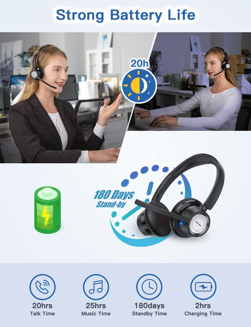 New bee Wireless Headset with Noise Cancelling Microphone, 20hrs Talk Time & Mute Button for Work/PC/Office/Zoom