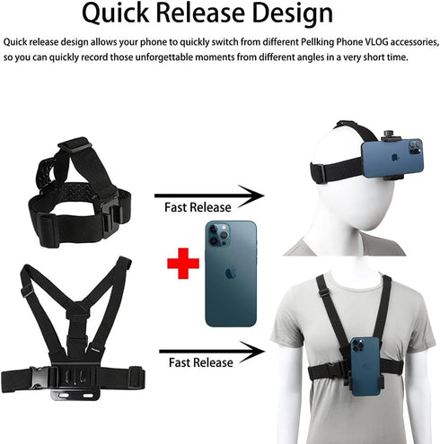 PellKing Mobile Phone Chest Strap Harness Mount Kit for POV/VLOG, Compatible with iPhone, Samsung, GoPro