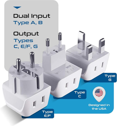 Ceptics Complete European Travel Adapter Set - 3 Pack, Safe Grounded for Cell Phones, Laptops, USA to Europe