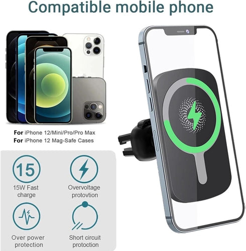 Magnetic Wireless Car Charger with 5W, 7.5W, 10W, 15W Output, Dashboard and Air Vent Phone Holder Charger (Black)