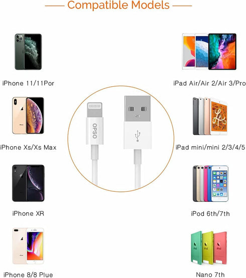 OPSO 3.3ft MFi Certified Lightning Cable - USB A to Lightning, Compatible with iPhone 14/13/12/11/XS/XR/8/7/6, White