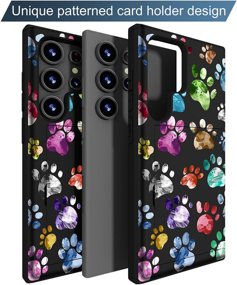 Cute Samsung Galaxy S24 Ultra Case with Card Holder, Slim Wallet Phone Case for Women, Colorful Doodle Paws Design