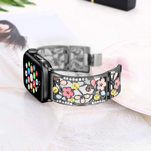 Floral Bracelet Compatible with Apple Watch Band 38mm 40mm 41mm 42mm iWatch Bands Series 10 9 8 7 6 SE, Bling Crystal