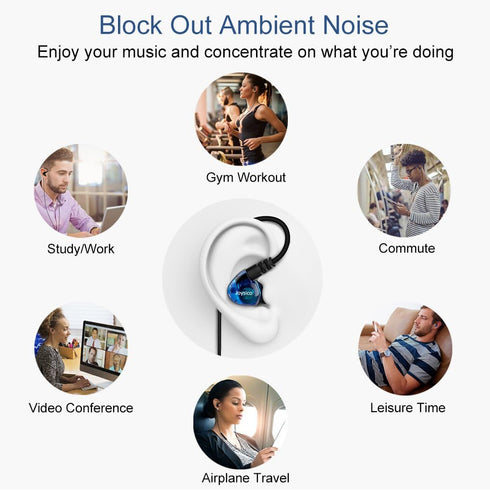 Shopify SEO: Blue Wired Over Ear Earbuds for Kids & Women, Sport Earhook Headphones with Microphone & Volume Control.