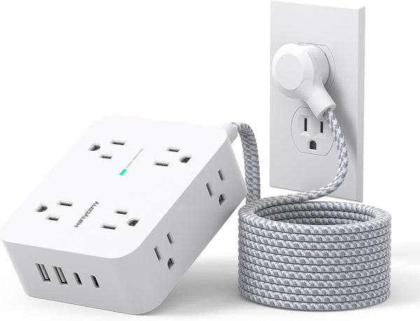 Surge Protector Power Strip, 15 Ft Long Cord with 8 Outlets and 4 USB Ports, Flat Plug for Home Office