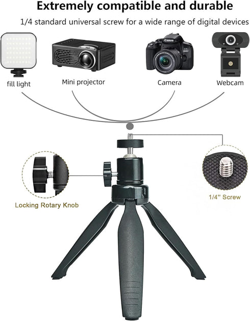 Mini Desktop Tripod Stand with 6.3 inch Universal 1/4 Screw Ballhead for Projectors, DSLR Cameras, Webcams, Smartphones, and Selfie Sticks - Black Angle Adjustable