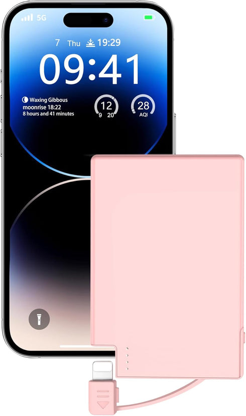 TNTOR Portable Charger with Built-in Lightning Cable, Credit Card Size Power Bank for iPhone 14/13/12/11/X/8 Series