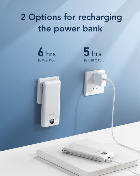 VEGER Portable Charger 10000mAh, Built-in Cables & Wall Plug, Slim Fast Charging Power Bank for iPhone & More - White