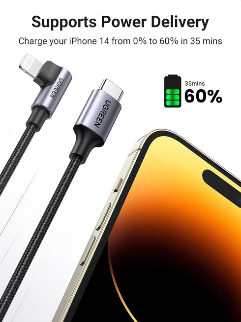 UGREEN 90 Degree Lightning Cable - MFi Certified, 3FT USB C to Lightning, for iPhone 14/13/12/11/X/XR/XS/8, iPad,