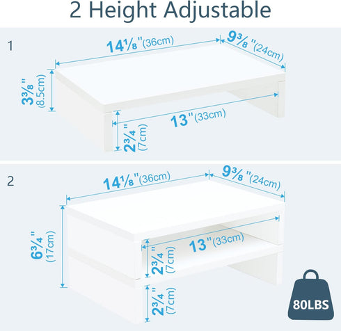 2 Pack, 2 TEAMIX White Monitor Stand Riser - Wood Tier Adjustable Dual Monitor Riser for Laptop/PC Computer Stand