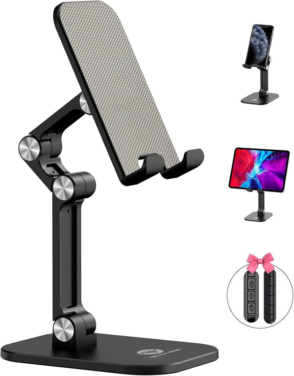 OCYCLONE Cell Phone Stand + 2 PCS Cable Organizer, Adjustable iPhone Stand for Desk, Foldable Holder for 4.7"-13"