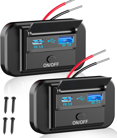 12V USB Outlet 2 PCS, Qidoe PD 20W Type-C and 18W QC3.0 USB Port Surface Mount Car Charger Socket, 12V Power Outlet