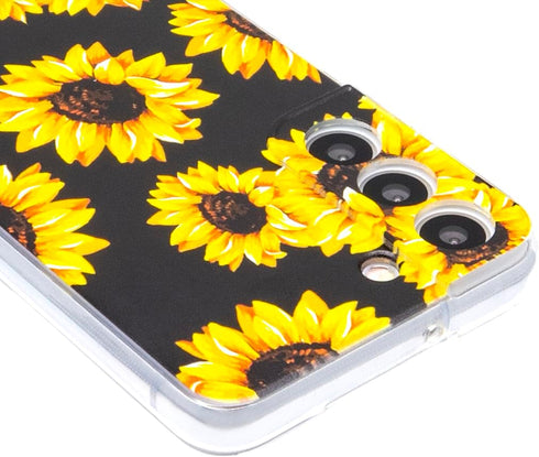 Galaxy S22 Case, Black Sunflower Pattern Cute Floral Soft TPU Back Cover for Samsung Galaxy S22 6.1 Inch
