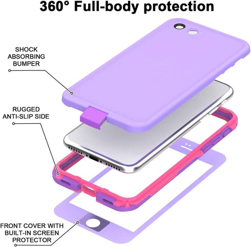 iPhone SE 2020/iPhone 8 Waterproof Case, IP68 Full-Body Sturdy, Built-in Screen Protector, Shockproof - Purple
