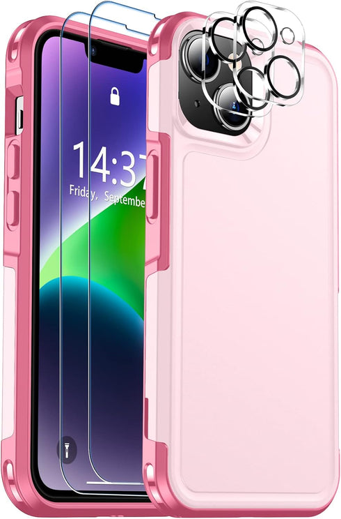 SPIDERCASE Heavy Duty Shockproof Case for iPhone 14/15, Pink, 15 FT Military Grade Drop Protection, 2 Pack Protectors.