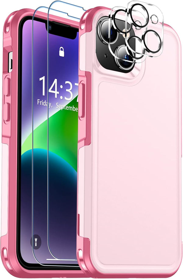 SPIDERCASE Heavy Duty Shockproof Case for iPhone 14/15, Pink, 15 FT Military Grade Drop Protection, 2 Pack Protectors.