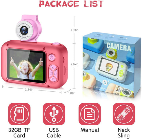 Kid Camera with 2.4in IPS Screen, 180° Flip Lens, Digital Selfie Camera with Playback Game for Ages 4-11
