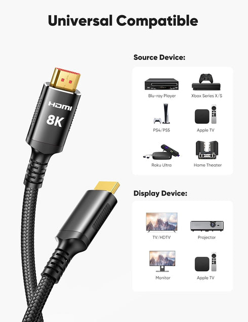 8K 2.1 10FT 2-Pack 48Gbps 4K Cords(8K@60Hz 7680x4320, 4K@120Hz) HDR10 2.2 2.3 3D, PS-5/PS-4/X-Box/TV/HDTV Snowkids HDMI