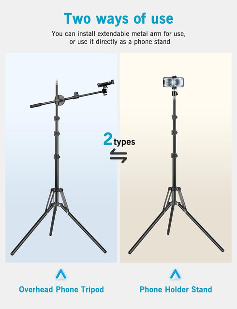 Nineigh 64" 25" 360 Overhead Tripod for iPhone, Phone Tripod Stand with Long Extendable Arm & Remote, Rotating Overhead