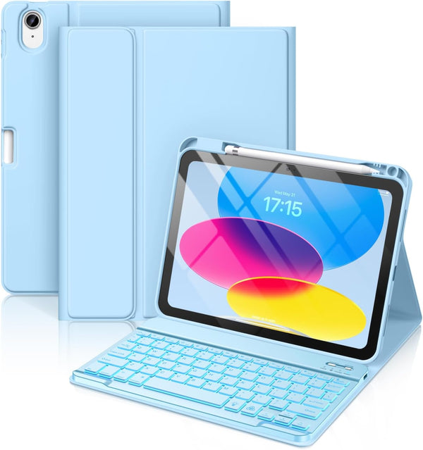 Hamile for iPad 10th Generation Case with Keyboard, 10.9 Inch, 7 Colors Backlit Wireless Detachable Folio Cover, Sky