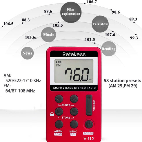Retekess V112 AM FM Portable Pocket Radio, Digital Tuning Stereo, Rechargeable Battery, with Headphones, for Walking