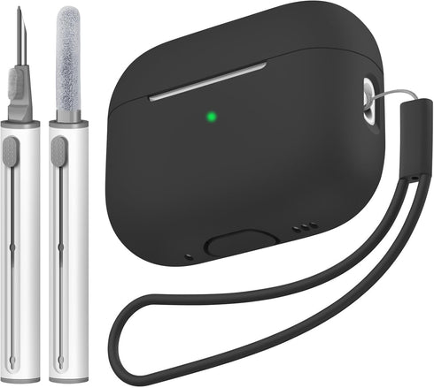 Compatible with AirPods Pro 2 Case, Soft Silicone Skin Cover with Cleaner Kit and Lanyard, Front LED Visible (Black)
