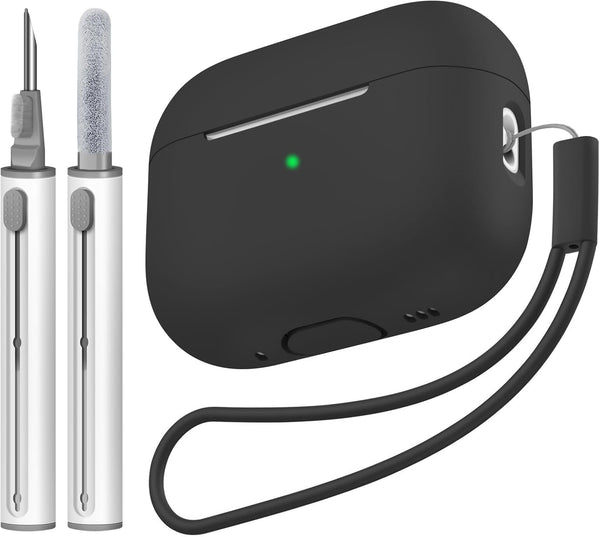 Compatible with AirPods Pro 2 Case, Soft Silicone Skin Cover with Cleaner Kit and Lanyard, Front LED Visible (Black)