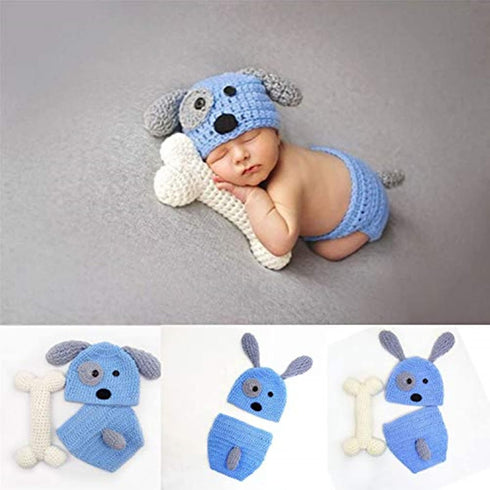 Newborn Baby Girl Boy Photo Props, Crochet Knitted Blue Dog Hat & Shorts Set for Photography Shoot (0-6 Months)