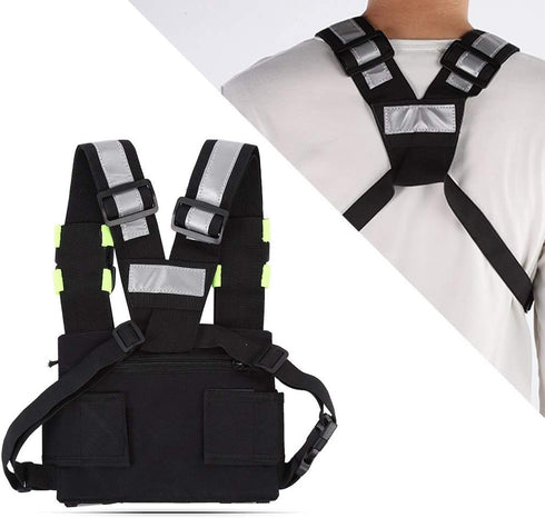 Radio Chest Harness Rig Holster Pack, Front Pouches Zipper Bag with Green Reflective Strips for Walkie Talkies