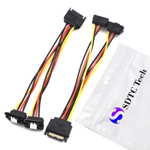 SDTC Tech 15 Pin SATA Power Splitter Adapter Cable Male to Dual Female 90-Degree Angle - 2 Pack