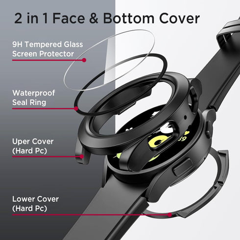 Miimall Waterproof Case for Samsung Galaxy Watch 6 40mm, Hard PC Bumper with Tempered Glass Screen Protector, Frosted
