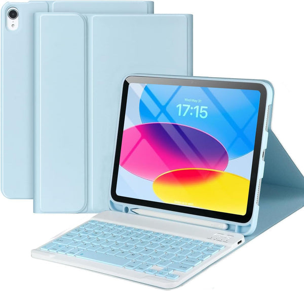 iPad 10th Generation Case with Wireless Bluetooth Keyboard 2022, Built-in Pencil Holder - SkyBlue, Model