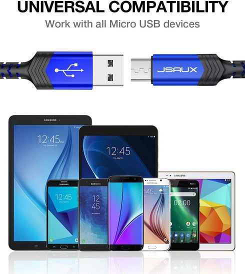 JSAUX Micro USB Cable (2-Pack 6.6FT) - Nylon Braided Charger for Galaxy S7, S6, J7 Edge, Note 5, Kindle, MP3 - Blue